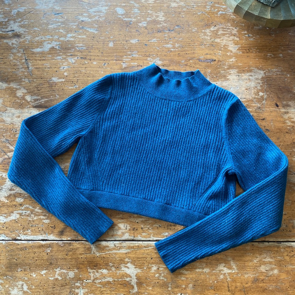 Teal Cropped Rib Knit Sweater